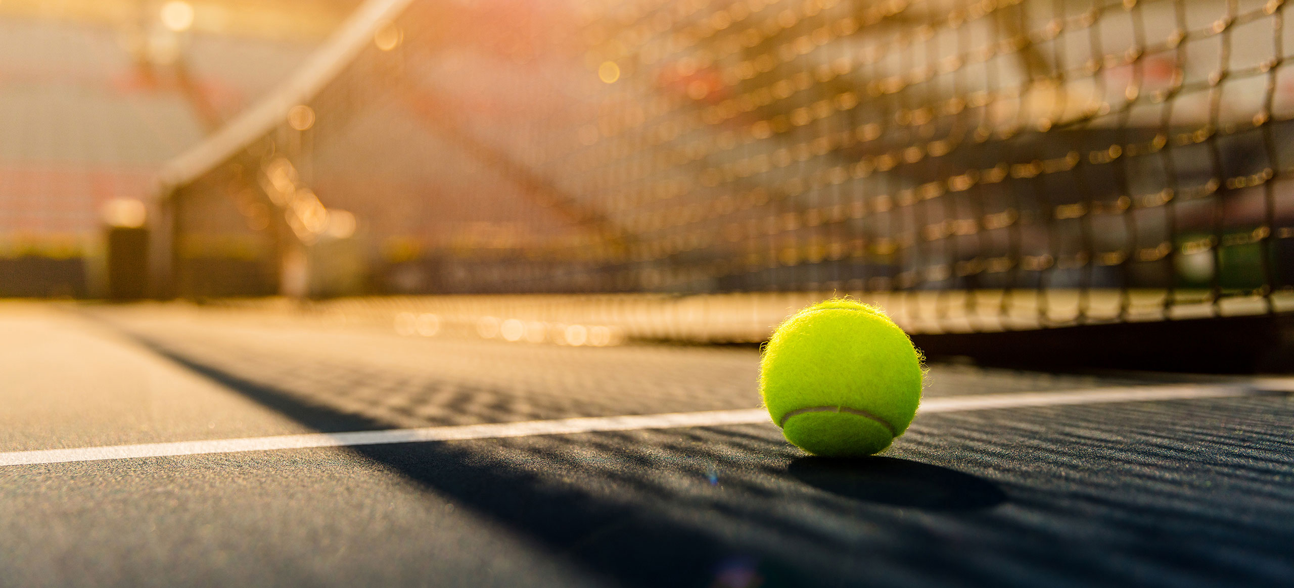 Tennis ball on court next to net